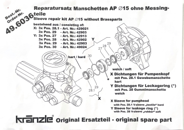 Kränzle 496036 Reparatur Satz Manschetten 15 mm X-Serie