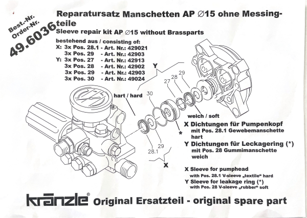 Kränzle 496036 Reparatur Satz Manschetten 15 mm X-Serie